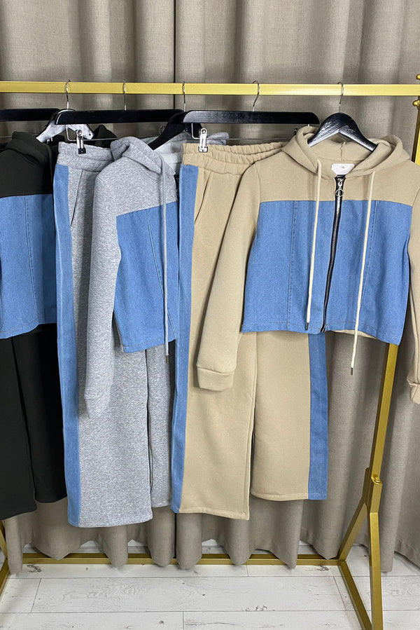 Triny Denim Contrast Zip Up Hoodie and Joggers Tracksuit Set